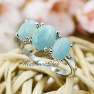 925 Sterling Silver Oval Larimar Ring For Women. Genuine Blue Larimar, Triple Three Stones Statement Ring.  Larimar Jewelry. Gift For Her.