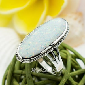 925 Sterling Silver White, Blue Opal Ring For Women, Girls. 26mm (1&quot;) Long Vibrant, Stunning Ring For  Statment, Middle, and Index Fingers.