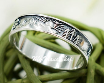 925 Sterling Silver Sun Mountains Trees Ring. 5mm Band, Unisex, Stackable Nature, Scenery Band For Thumb, Pinky, Index, Ring Finger.