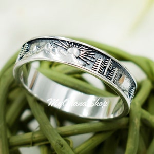 925 Sterling Silver Sun Mountains Trees Ring. 5mm Band, Unisex, Stackable Nature, Scenery Band For Thumb, Pinky, Index, Ring Finger.
