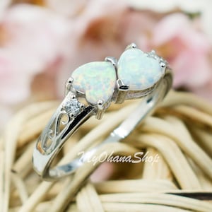925 Sterling Silver Double Hearts Opal Ring For Women. 7mm, 1 Ct. Opal Hearts, October Twin Birthstones of Two Persons. Mother&#39;s Day Ring.