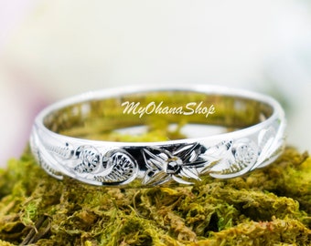 925 Sterling Silver Stacking Hawaiian Scrolled Ring.  4mm Engraved, Hand-Carved, Stackable Plumeria Ring For Toe, Midi, and Thumb Ring.