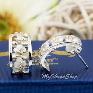 Sterling Silver Hawaiian Plumeria Earrings For Girls, Women. 8mm Half Moon Hoop Hawaiian Flower Earrings.  Tropical Hawaiian Jewelry For Her