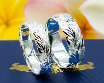 Bague Lei maile hawaïenne en argent sterling 925 pour femme. 6 mm, 8 mm sculptés à la main, gravés de feuilles de Plumeria et de Maile, alliances des îles.