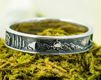 Ring i 925 sterlingsilver med sol, berg och träd. 5 mm landskapsarmband, unisex, stapelbar naturring för tumme, lillfinger, pekfinger och ringfinger.