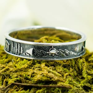 925 Sterling Silver Sun Mountains Trees Ring. 5mm Scenery Band, Unisex, Stackable Nature Ring For Thumb, Pinky, Index, Ring Finger.