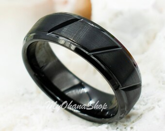 8mm Personalized  Black Tungsten Carbide Ring For Men & Women. Matted, Slanted Cuts, Comfort Fit, Statement, Engagement, Aniversary Band.
