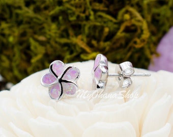 925 Sterling Silver Opal Plumeria Earrings For Women, Teen Girl. Tropical Flower Hawaiian Island Beach Jewelry.  Valentine's Gift For Her.