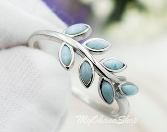 925 Sterling Silver Larimar Leaf Ring For Girls, Women.  8mm Width Genuine Larimar Olive Leaves Branch For Pinky, Thumb, Index, Ring Finger