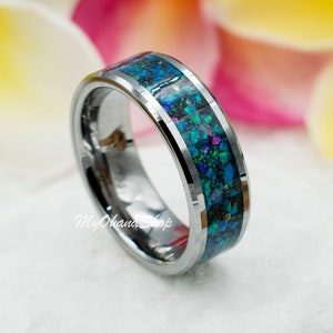 8mm Australian Opal Inlay Tungsten Carbide Ring For Men & Women.  Genuine Crushed, Vibrant Blue Green Opal Wedding Anniversary Bands.