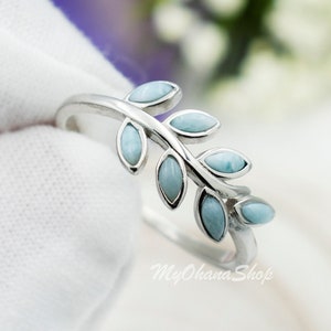925 Sterling Silver Larimar Leaf Ring For Girls, Women.  8mm Width Genuine Larimar Olive Leaves Branch For Pinky, Thumb, Index, Ring Finger