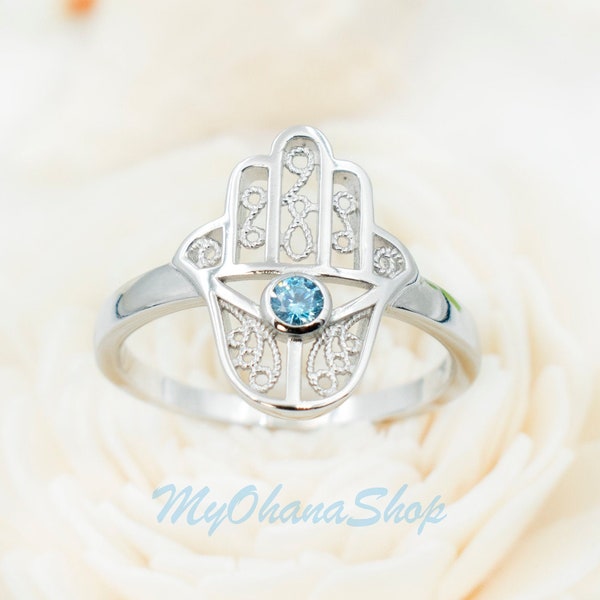 925 Sterling Silver Hamsa Right Hand Ring For Women. Middle Eastern, Egyptian, Evil Eye Jewelry.  Power, Strength, Good Fortune Ring