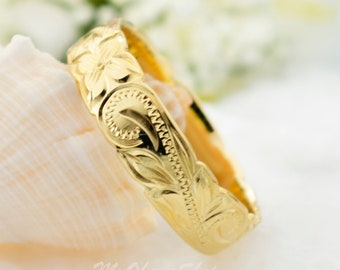 14K Gold Plated Silver Hawaiian Ring. 6mm Hand Carved, Hawaii Heirloom, Heritage Princess Scroll  Band. Classic Jewelry. Mother's Day Ring