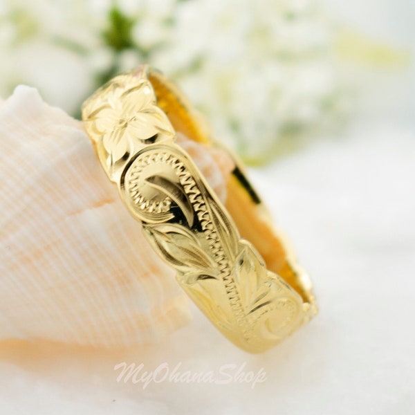 14K Gold Plated Silver Hawaiian Ring. 6mm Hand Carved, Hawaii Heirloom, Heritage Princess Scroll  Band. Classic Jewelry. Mother's Day Ring