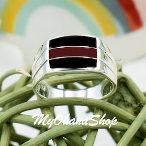 925 Sterling Silver Red Agate & Black Onyx Signet Ring For Men, Women. Chic Heavy Gentlemen Pinky, Wedding, Statement Ring.  Father&#39;s Ring.