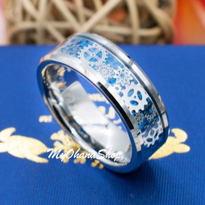 Tungsten Mechanic Gear Ring With Blue Carbon Fiber Inlay.  8mm Tungsten Carbide Band For Men & Women. Thumb Ring. Pinky, Index, Wedding Ring
