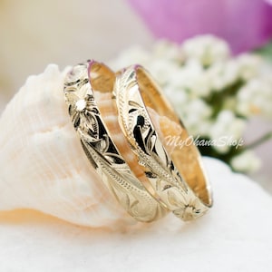 14K Gold Hawaiian Plumeria Scroll Ring For Women, Girls.  4mm Hand Carved, Engraved Tropical Hawaiian Island Gold Ring. Toe to Thumb Rings.