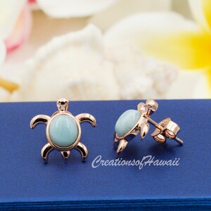 925 Rose Gold Plated Silver Larimar Sea Turtle Earrings.  Genuine Blue Larimar Inlay Hawaiian Honu Stud Earrings in Silver, Gold, Rose Gold.