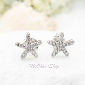 925 Sterling Silver Starfish CZ Stud Earrings For Women, Girls & Children.  Small, Everyday Marine Life, Sea Animal, Hawaiian Beach Earrings