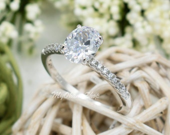 Sterling Silver CZ Engagement Ring For Women.  2 Ct. CZ Oval Round Solitaire Wedding Ring For Her. Anniversary Ring. Mother's Day Gift.
