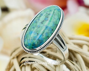 925 Sterling Silver Genuine Blue Green Turquoise Ring For Women. 28mm, 1.2" Long, Big Oval Almond Shape Ring For Middle, Index, Ring Finger