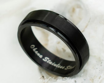 Black Stainless Steel Fidget Spinner Ring For Men & Women. 7mm Band. Stress Relief, Anxiety Ring For Pinky, Middle, Pointer, Thumb Band.