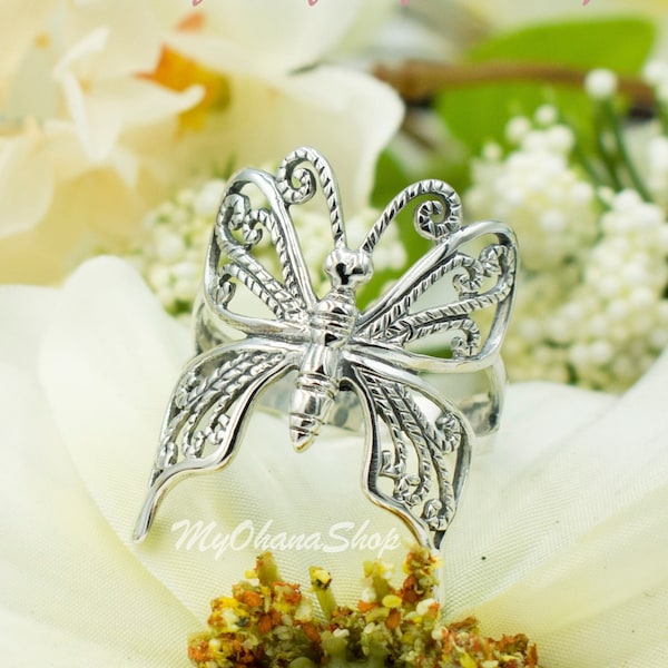 925 Sterling Silver Large Butterfly Ring For Women, Girls.  25mm Wide Cutout, Filigree Butterfly Ring.  Tropical Animal, Fairy Jewelries.