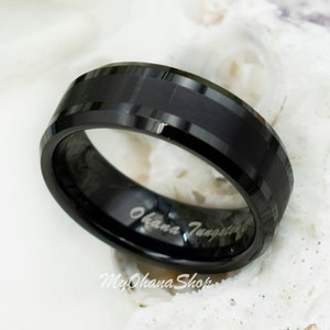 8mm Black Tungsten Carbide Band For Men, Women.  Beveled Edge, Comfort Fit Thumb Ring, Wedding Ring, Index or Pinky Ring. His & Hers Rings.