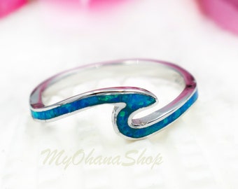 Sterling Silver Ocean Wave Ring With Blue White Opal Tidal Current Wave. Thumb, Pinky, Midi Knuckle Rings For Women, Teens Girls Kids Gifts