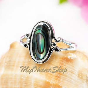 925 Sterling Silver Dainty Abalone Turquoise Ring For Women & Girls. Hawaiian Island Tropical Beach Seashell Jewelry. Valentine&#39;s Day Gift.