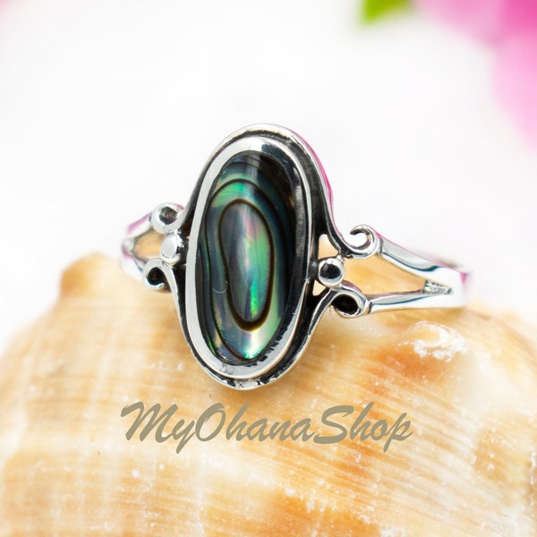 925 Sterling Silver Dainty Abalone Turquoise Ring For Women & Girls. Hawaiian Island Tropical Beach Seashell Jewelry. Valentine's Day Gift.