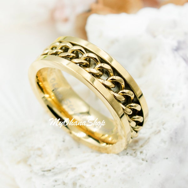 Gold Stainless Steel Anxiety Spinner Fidget Ring For Men & Women.  18K Gold Plated, Chic Curb Link Chain Spinner Ring. His Hers Wedding Band