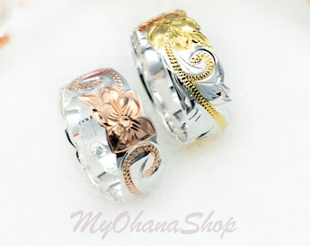 925 Sterling Silver Hawaiian Ring.  8mm Scalloped Edge Band. 14K Gold Plated, Hand Carved, Engraved Plumeria, Wave,  Scrolls & Leaves Ring.