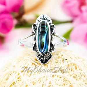 925 Sterling Silver Abalone Ring For Women. Natural Seashell, Hawaiian Island Tropical  Beach Jewelry.  Pinky Ring. Valentine&#39;s Day Gift.