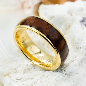 18K Gold Plated Tungsten Koa Wood Ring For Men & Women.  8mm Barrel Band With Real Hawaiian Curly Koa Wood Inlay. His Hers Matching Rings.