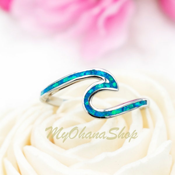 Sterling Silver Ocean Wave Ring With Blue White Opal Tidal Beach Wave. Thumb, Pinky, Midi Knuckle Rings For Women, Teens Girls Kids Gifts
