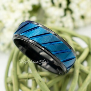 8mm Black & Blue Personalized Tungsten Carbide Ring For Men, Boys. Strong, Comfort Fit Statement, Wedding, Engagement, Thumb Band For Him.