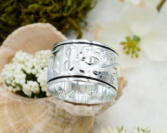 Sterling Silver Hawaiian Ring For Men & Women. Hand Carved, Engraved Plumeria Scrolled Matching Rings. Thumb, Index Rings. Island Jewelry