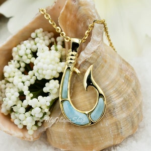 14K Gold Plated Silver Larimar Fish Hook Necklace For Men, Women, Boys, Girls.  Tropical Sea Life, Hawaiian Pendant Jewelry. Gift For Her.