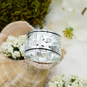 Sterling Silver Hawaiian Ring For Men & Women. Hand Carved, Engraved Plumeria Scrolled Matching Rings. Thumb, Index Rings. Island Jewelry
