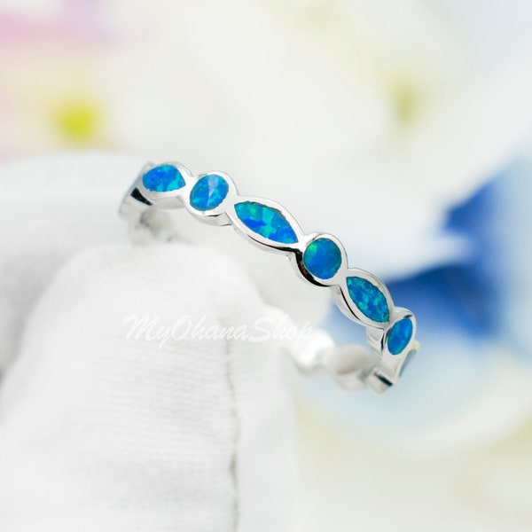 925 Sterling Silver Stackable Opal Band For Women. 5mm Round & Marquise Blue, White Opal Eternity Ring For Pinky to Thumb. Opal Wedding Band