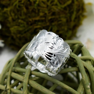 925 Sterling Silver Hand Carved Hawaiian Ring For Women. 15mm Wide, Engraved, Scalloped Edge, Plumerias & Scrolls Wedding, Engagement Band.