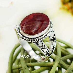 925 Sterling Silver Red Coral Ring For Women, Girls. 16mm Precious, Real Sea Coral Statement, Middle Ring. Marine, Ocean Gem Jewelry Gifts.