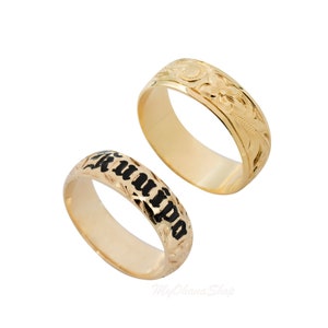 14K Gold Personalized Hawaiian Ring For Men, Women. Hand Carved, Engraved Plumeria Princess Heritage Scroll Wedding Ring. Mother&#39;s Day Ring.