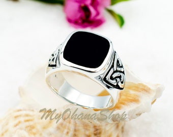 925 Sterling Silver Black Onyx Signet Ring With Celtic Knot Design For Men, Women. Pinky, Wedding, Statement Ring.  Father's Day Ring.