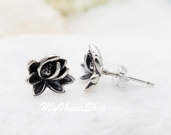 925 Sterling Silver Lotus Stud Earrings For Girls, Women.  Zen Lotus, Water Lily Flower Tropical Peace Buddhist Jewelry.  Mother's Day Gift.