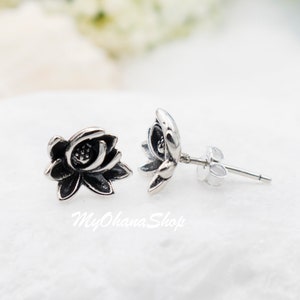 925 Sterling Silver Lotus Stud Earrings For Girls, Women.  Zen Lotus, Water Lily Flower Tropical Peace Buddhist Jewelry.  Mother's Day Gift.