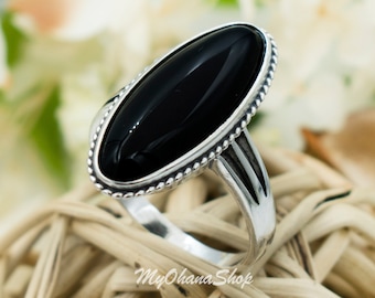 925 Sterling Silver Black Onyx or Turquoise Ring For Women. Big 27mm Long, Oval Almond Shape Statement Ring For Middle, Index & Ring Fingers