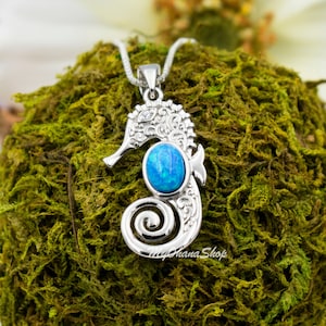 925 Sterling Silver Seahorse Necklace For Women, Girls, Children. Created Blue Opal or Larimar Inlay Pendant. Hawaiian Marine Life Jewelry.