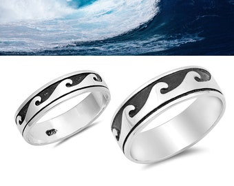 Sterling Silver Ocean Tidal Wave Rings For Men & Women. 5mm-7mm Surfer, His Hers Matching Wedding Band.  Boys, Girls Hawaiian Beach Jewelry